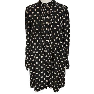 Kate Spade Ditsy Floral Pintuck Pleats Daisy Crochet Trim Popover Silk Black XS